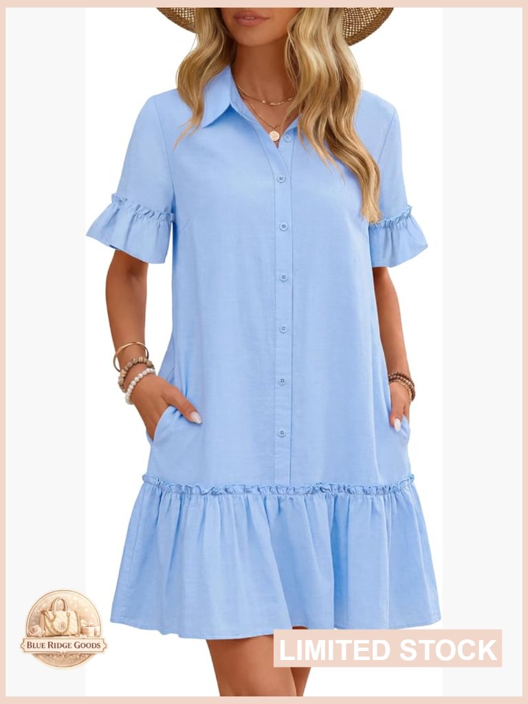 Casual Button Down Shift Mini Dress Ruffle Sleeve Side Pockets Summer